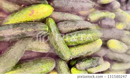 A Fresh Heap of Crunchy Cucumbers Available for Sale in the Local Market Stand Today 131580247