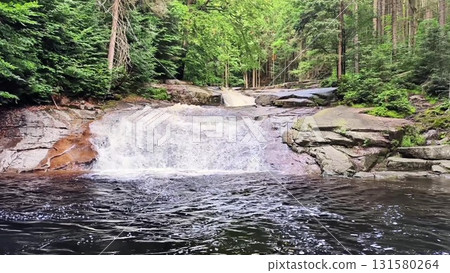 A Beautiful Waterfall Cascading Through a Lush and Vibrant Forested Landscape, Captivating 131580264