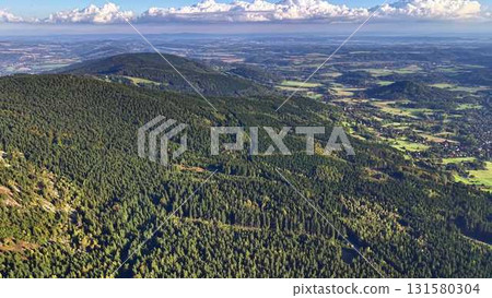 Aerial View Showcasing a Breathtaking Lush Green Forest Amidst Rolling Hills and Valleys 131580304