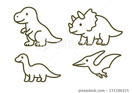 一組可愛的恐龍的簡單線條畫（用於著色） 131580325