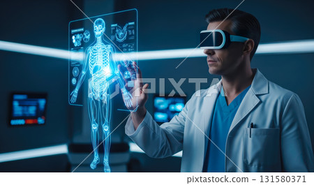A doctor carefully examines a virtual x-ray projection with focused attention. The integration of advanced technology in medical diagnostics. Generative AI. A doctor carefully examines a virtual x-ray projection with focused attention. The integration of advanced technology in medical diagnostics. Generative AI. 131580371