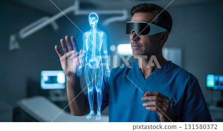 A doctor carefully examines a virtual x-ray projection with focused attention. The integration of advanced technology in medical diagnostics. Generative AI. 131580372