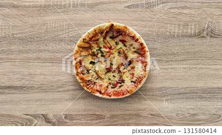 Savor the Delicious Pizza Set Against a Rustic Wooden Background for a Cozy Dining Experience Savor the Delicious Pizza Set Against a Rustic Wooden Background for a Cozy Dining Experience 131580414