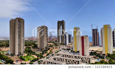A stunning modern urban skyline showcasing tall buildings and beautiful scenic views of the city 131580425