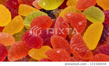 This display features a vibrant assortment of colorful gummy candies, enticing and fun 131580434