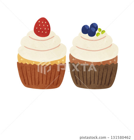 Strawberry and blueberry cupcakes, watercolor hand-drawn illustration 131580462