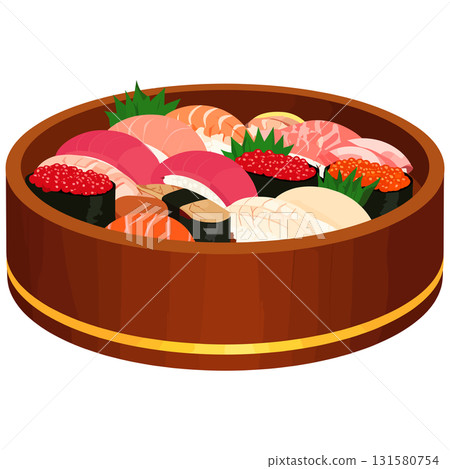 圓形木桶內排列著色彩鮮豔的壽司，閃爍著和諧與繁榮的光芒。 131580754