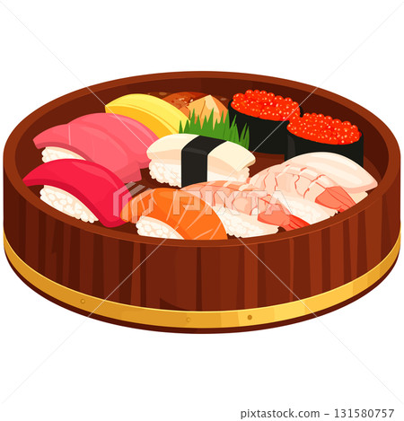 圓形木桶內排列著色彩鮮豔的壽司,閃爍著和諧與繁榮的光芒。 圓形木桶內排列著色彩鮮豔的壽司,閃爍著和諧與繁榮的光芒。 131580757