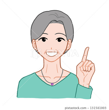 Senior woman pointing up the index finger on her left hand. Hand-drawn illustration Senior woman pointing up the index finger on her left hand. Hand-drawn illustration 131581003