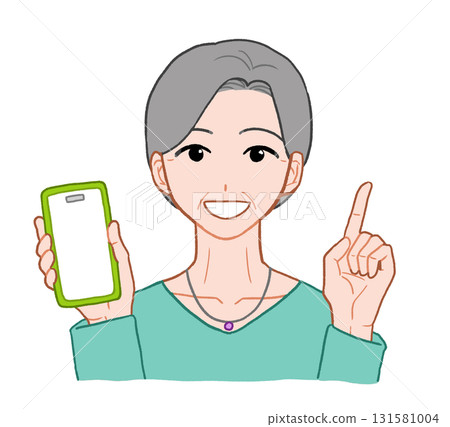 Senior woman holding a smartphone and pointing her index finger up Hand-drawn illustration Senior woman holding a smartphone and pointing her index finger up Hand-drawn illustration 131581004