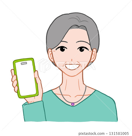 老年婦女展示她的智慧型手機螢幕手繪插圖 老年婦女展示她的智慧型手機螢幕手繪插圖 131581005