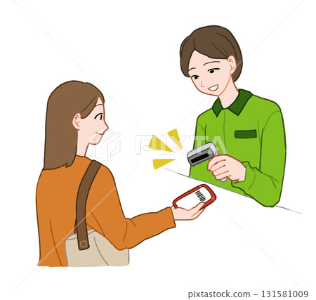 一位年輕女子在商店用智慧型手機付款。手繪插圖 一位年輕女子在商店用智慧型手機付款。手繪插圖 131581009