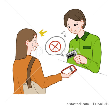 一位年輕女子在智慧型手機付款時遇到錯誤。手繪插圖 131581010