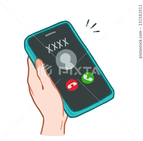 一隻手拿著一部正在響鈴的智慧型手機。手繪插圖 131581011