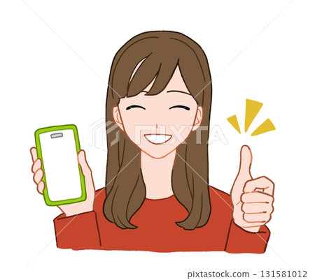 一位年輕女子拿著智慧型手機豎起大拇指。手繪插圖 131581012