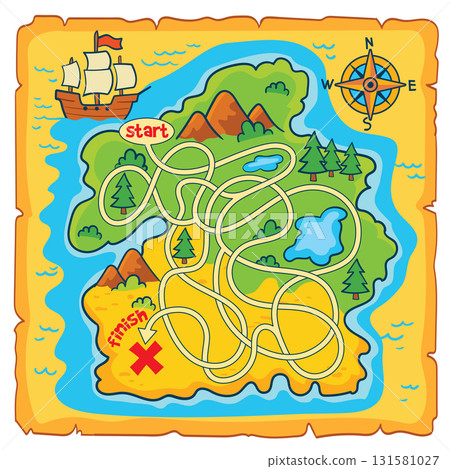 Treasure map maze for kids. Trace the correct path from start to the X 131581027