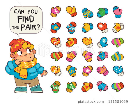 Fun winter puzzle for kids. Find the matching pair of mittens. 131581039