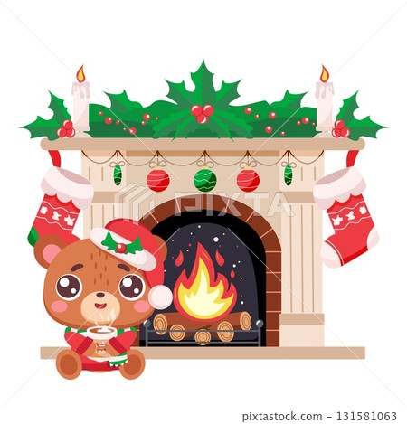 Christmas bear by fireplace with stockings Christmas bear by fireplace with stockings 131581063