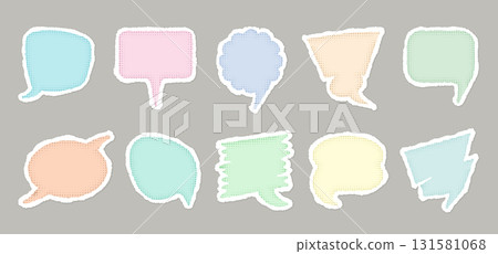 Colorful speech bubbles set in soft pastel tones. Round, square cloud shape, rectangle, balloon form. Paper stickers torn edges. Dialog, message sign, talk symbol, chat icon, abstract thought frame 131581068