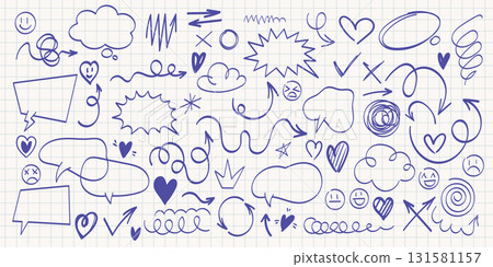 Hand drawn doodle elements set on grid paper background Hand drawn doodle elements set on grid paper background 131581157