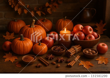 Autumn fruits and spices still life composition 131581200