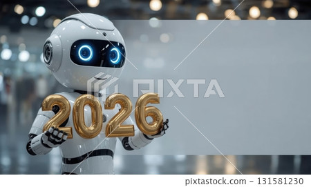 AI robot holding golden numbers 2026, showcasing a futuristic design with bright blue eyes, set against a blurred background, symbolizing the celebration of New Year 2026 with copy space for text 131581230