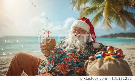 Santa Claus enjoying a tropical beach holiday, sipping a coconut drink, surrounded by festive gifts and palm trees, embodying a joyful Christmas spirit 131581232