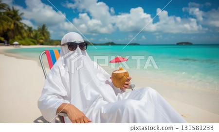 Ghostly figure in white sheet relaxing on beach chair, wearing sunglasses, sipping coconut drink with umbrella, surrounded by tropical scenery, embodying a fun Halloween celebration concept 131581233