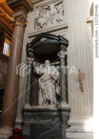 Archbasilica of Saint John Lateran Rome exterior facade and grand baroque interior with golden coffered ceiling vast nave marble statues side chapels ornate altar apse and dome Catholic basilica Archbasilica of Saint John Lateran Rome exterior facade and grand baroque interior with golden coffered ceiling vast nave marble statues side chapels ornate altar apse and dome Catholic basilica 131581446
