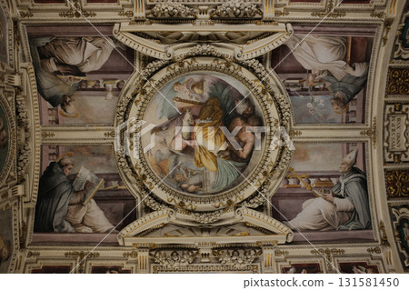 Vatican Museums ornate Renaissance ceiling frescoes with gold stucco and painted medallions Rome Italy. High quality photo 131581450