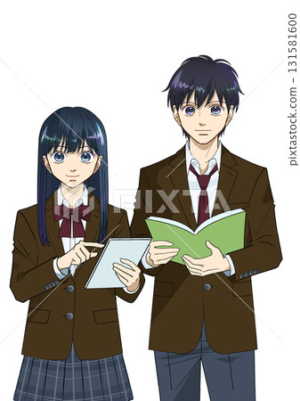 Anime-style illustration of male and female high school or junior high school students holding tablets and books, white background 131581600