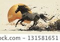 Sumi-e style running horse and Mt. Fuji gold leaf sunrise art 131581651