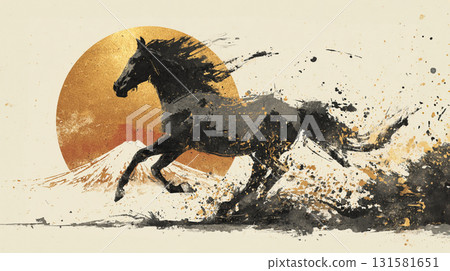 Sumi-e style running horse and Mt. Fuji gold leaf sunrise art 131581651