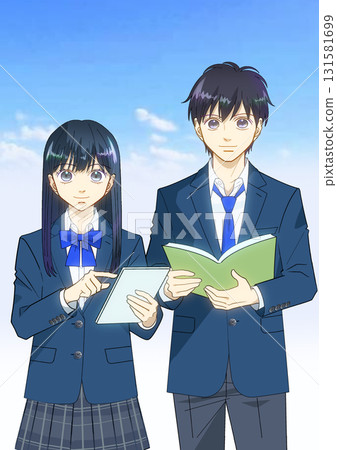 一幅動漫風格的插圖,描繪了一對高中或初中男孩和女孩在廣闊的藍天下 一幅動漫風格的插圖,描繪了一對高中或初中男孩和女孩在廣闊的藍天下 131581699