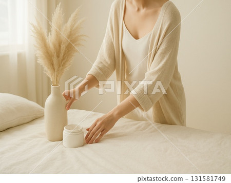 Sunday linen bed and morning preparations 131581749