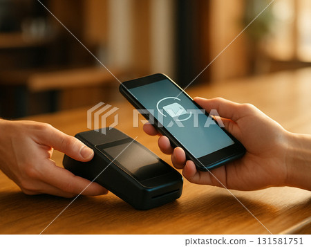 The moment of smartphone payment - at the softly lit cafe counter 131581751