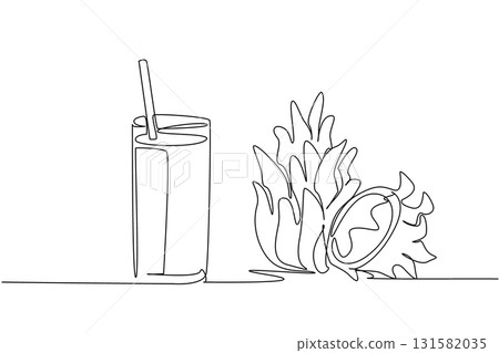 Single one line drawing glass of dragon fruit juice with straw in the glass. The pleasure is equal when juiced or eaten directly. National Juice Slush Day. Continuous line design graphic illustration 131582035