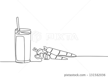 Single continuous line drawing glass of carrot juice with a straw in the glass. Delicious cold juice that is nutritious for the eyes. National Juice Slush Day. One line design vector illustration 131582036