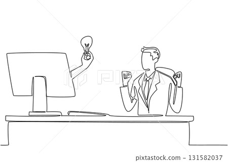 Single one line drawing hand out of the monitor screen holding a bulb lamp. Cheer up with the brilliant idea that came. Innovation. Things from Screen. Continuous line design graphic illustration Single one line drawing hand out of the monitor screen holding a bulb lamp. Cheer up with the brilliant idea that came. Innovation. Things from Screen. Continuous line design graphic illustration 131582037
