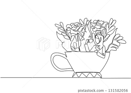 Continuous one line drawing woman wearing hijab holding a cup while soaking and leaning on the cup. Drinking warm tea to relax. Enjoy. Soaking Inside Cup. Single line draw design vector illustration Continuous one line drawing woman wearing hijab holding a cup while soaking and leaning on the cup. Drinking warm tea to relax. Enjoy. Soaking Inside Cup. Single line draw design vector illustration 131582056