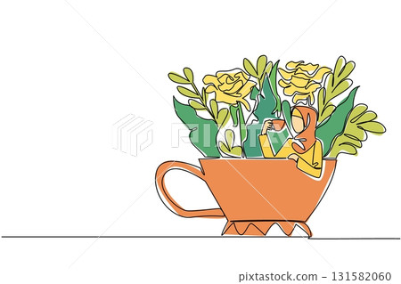 Continuous one line drawing woman wearing hijab holding a cup while soaking and leaning on the cup. Drinking warm tea to relax. Enjoy. Soaking Inside Cup. Single line draw design vector illustration Continuous one line drawing woman wearing hijab holding a cup while soaking and leaning on the cup. Drinking warm tea to relax. Enjoy. Soaking Inside Cup. Single line draw design vector illustration 131582060