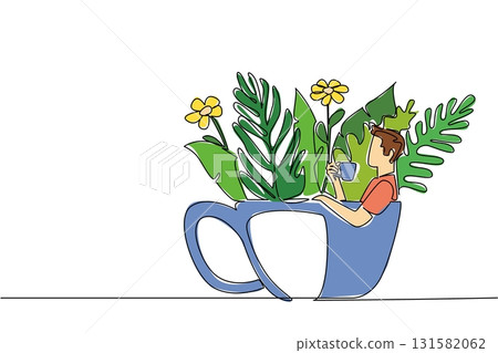 Single continuous line drawing man wearing casual clothes holding cup while soaking. Relax the body by relaxing while drinking coffee. Leisure. Soaking Inside Cup. One line design vector illustration Single continuous line drawing man wearing casual clothes holding cup while soaking. Relax the body by relaxing while drinking coffee. Leisure. Soaking Inside Cup. One line design vector illustration 131582062