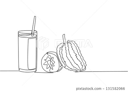 Continuous one line drawing a glass of soursop juice with straw in the glass. Freshness in summer. Cold drinks. Smoothie soursop. National Juice Slush Day. Single line draw design vector illustration 131582066