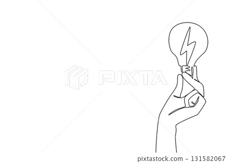 Single continuous line drawing hand holding a bulb with thunder in the middle. Symbolism of turning off electricity and lights when not in use. Light. Holding Bulb. One line design vector illustration Single continuous line drawing hand holding a bulb with thunder in the middle. Symbolism of turning off electricity and lights when not in use. Light. Holding Bulb. One line design vector illustration 131582067