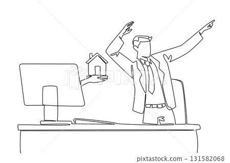 Single continuous line drawing hands out of the monitor screen while holding a miniature house. Business smart. Dream home. Profit. Joyful. Things from Screen. One line design vector illustration 131582068