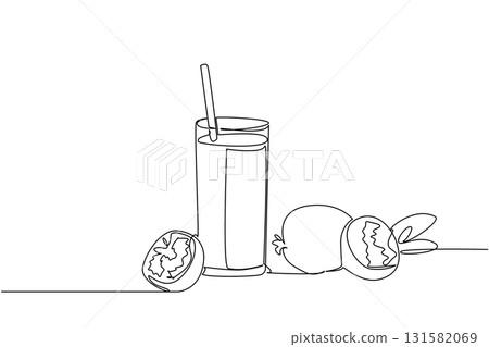 Single continuous line drawing a glass of guava juice with a straw in the glass and pieces of guava. Control blood sugar levels. Fresh. National Juice Slush Day. One line design vector illustration 131582069