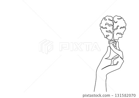 Continuous one line drawing hands holding a bulb that forms a brain. Symbolizing ideas and creativity. Provides many solutions. Innovation. Holding Bulb. Single line draw design vector illustration Continuous one line drawing hands holding a bulb that forms a brain. Symbolizing ideas and creativity. Provides many solutions. Innovation. Holding Bulb. Single line draw design vector illustration 131582070
