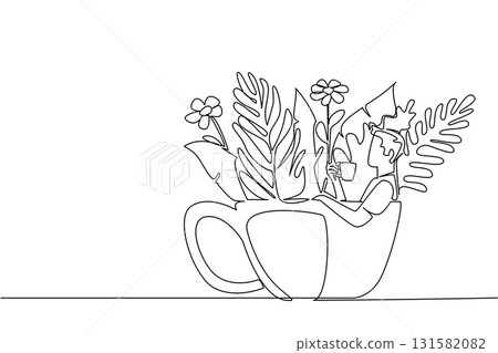 Single continuous line drawing man wearing casual clothes holding cup while soaking. Relax the body by relaxing while drinking coffee. Leisure. Soaking Inside Cup. One line design vector illustration 131582082