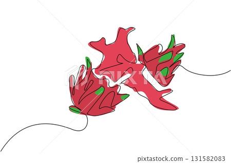 Continuous one line drawing dragon fruit cut into 2 parts and the bottom part that is cut releases splash juice. Enjoying sweet dragon fruit. Juice Splash. Single line draw design vector illustration 131582083