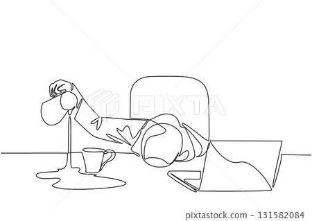 Single continuous line drawing Arab businesswoman holds pitcher of coffee and pours its contents into the side of glass. Tired to the point of drowsiness. Tired. One line design vector illustration 131582084